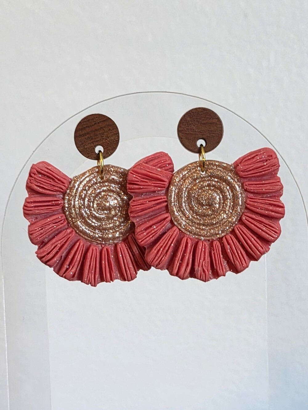 Handmade Coral Pink Floral Fan Earrings with Metallic Center